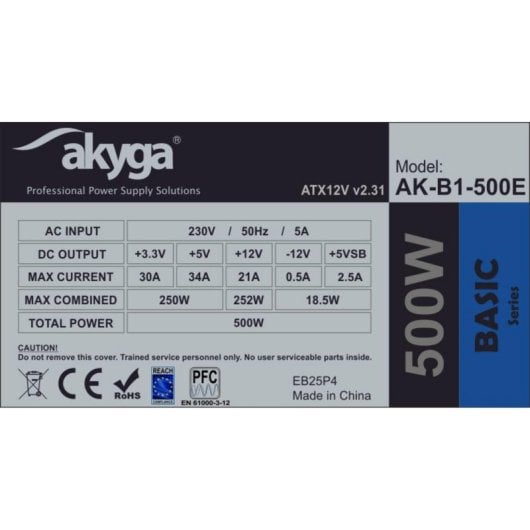Alimentation Akyga 500W ATX Certifiée CE Modèle AK-B1-500E Ventilateur 12 cm