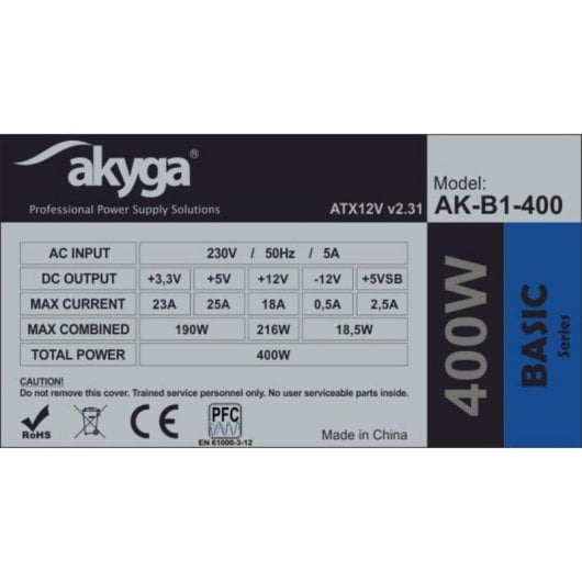 Fonte d'Alimentation Akyga 400W Non Modulaire ATX AK-B1-400 RoHS Ventilateur 12 cm