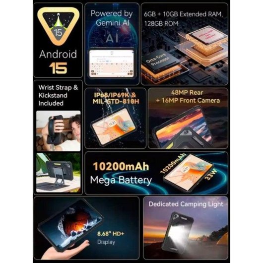 Tablet Cubot Tab KingKong Mini 4G 8,68" Preto 6GB 128GB Ultra Resistente