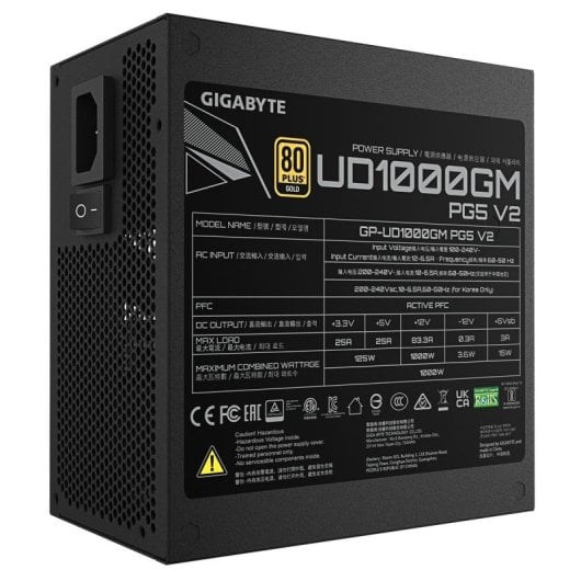 Fuente de Alimentación GIGABYTE 1000W 80 PLUS Gold UD1000GM PG5 V2 Modular PCIe Gen 5.1 ATX 3.1