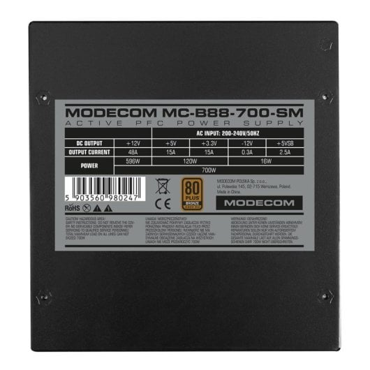 Fonte di Alimentazione Modecom 700W 80 PLUS Bronze MC-B88-700-SM ATX PFC Attivo