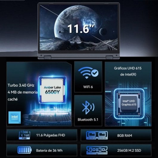 Portátil Vanwin R1166 11,6" Intel Pentium Gold 6500Y 8GB 256GB SSD Táctil 360° Windows 11 Pro