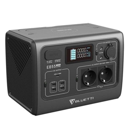 Estação de energia Bluetti EB55 537Wh 2 AC 2 DC 5 USB LiFePO4 Ecrã Luz Integrada Carregamento Solar