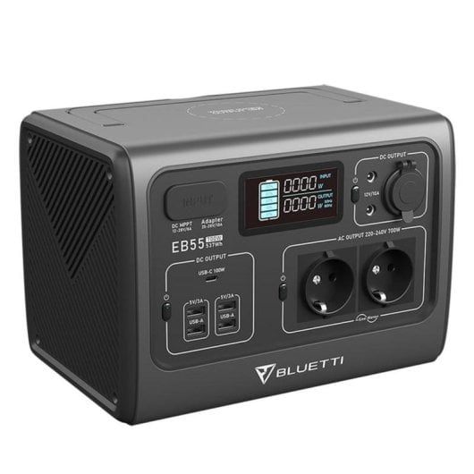 Estação de energia Bluetti EB55 537Wh 2 AC 2 DC 5 USB LiFePO4 Ecrã Luz Integrada Carregamento Solar