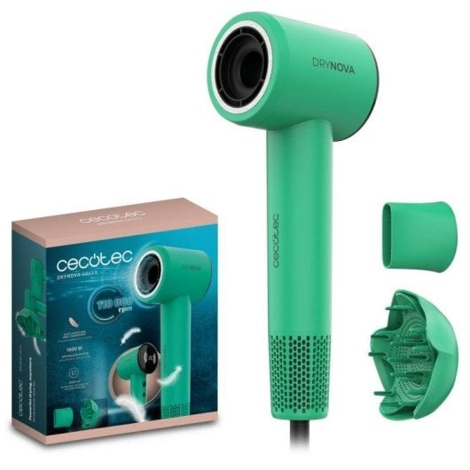 Secador de Cabelo Iónico Cecotec DryNova Green Leaf 1600W 4 Temperaturas 2 Velocidades Motor Brushless Compacto com Difusor e Concentrador Verde