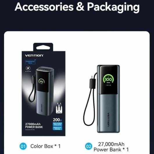 Vention Power Bank 27000mAh 200W Display TFT USB-C/A Grigio
