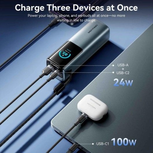 Vention FKGH0 Power Bank 27000mAh 200W con Pantalla TFT y Carga Rápida PD3.1 USB-C/A Gris
