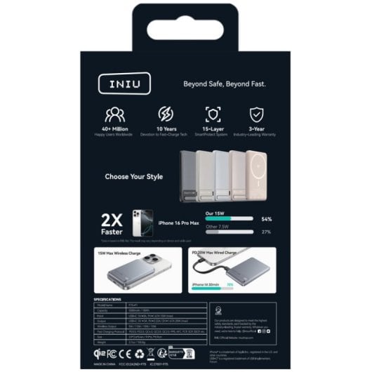 Batería externa INIU MagPro Qi2 5000mAh ultradelgada carga rápida 20W magnética blanco/plata