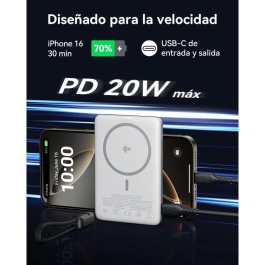Batería externa INIU MagPro Qi2 5000mAh ultradelgada carga rápida 20W magnética blanco/plata