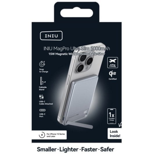 Batería externa INIU MagPro Qi2 5000mAh ultradelgada carga rápida 20W magnética blanco/plata
