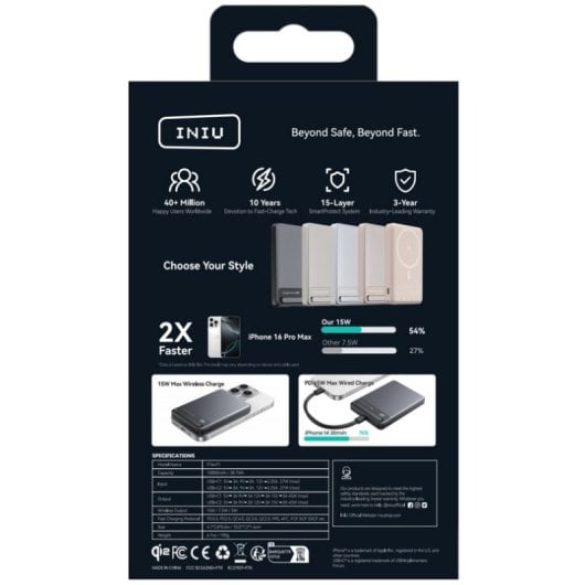 Batería externa INIU MagPro Qi2 10000 mAh magnética 45W negra carga rápida