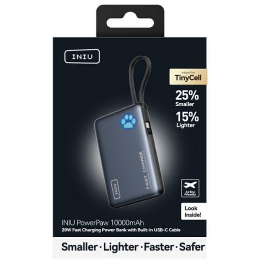 Powerbank INIU PowerPaw 10000mAh 20W com Cabo USB-C e Lanterna Preto