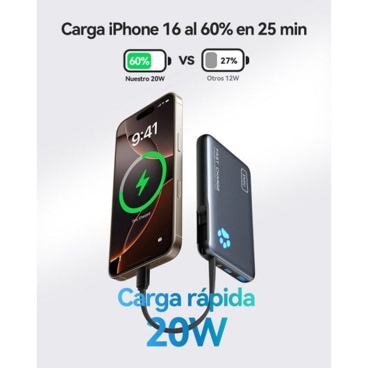 Powerbank INIU PowerPaw 10000mAh 20W com Cabo USB-C e Lanterna Preto