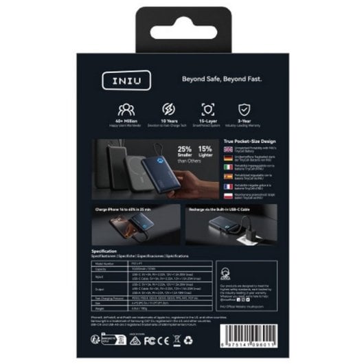 Powerbank INIU PowerPaw 10000mAh 20W com Cabo USB-C e Lanterna Preto