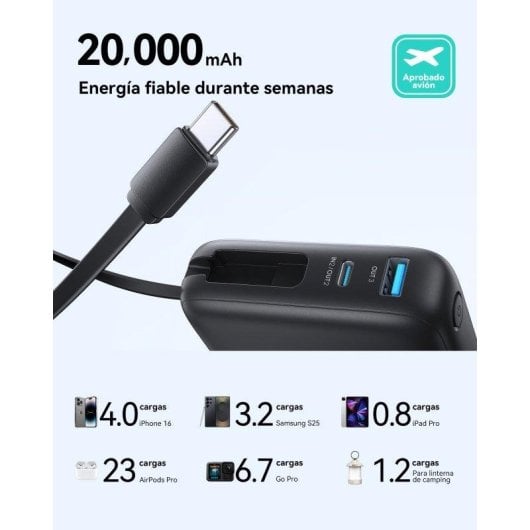 Batería externa INIU Pocket Powerbank 20000mAh 22,5W ultracompacta negro cable USB-C integrado