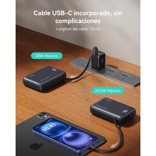Batería externa INIU Pocket Powerbank 20000mAh 22,5W ultracompacta negro cable USB-C integrado
