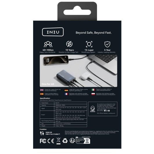 INIU Leopard Power Powerbank compacto com cabo integrado 25.000mAh 100W Preto