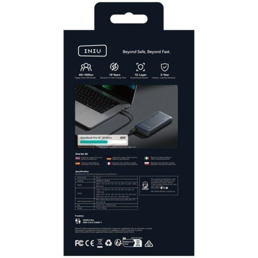 INIU Leopard Power Powerbank Compatto 25000mAh 140W Nero con Cavo Integrato