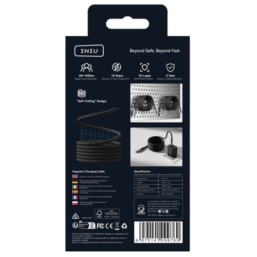 Câble USB-C INIU C21-P1 Magnétique Nylon Tressé 1,2m 100W Noir