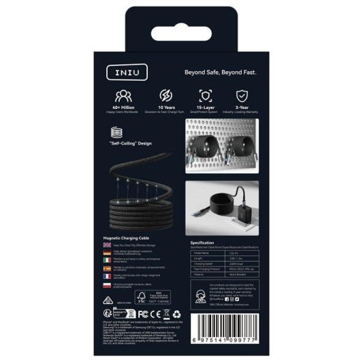 Câble USB-C INIU C22-P1 1,2 m Magnétique 240 W Tricoté Noir