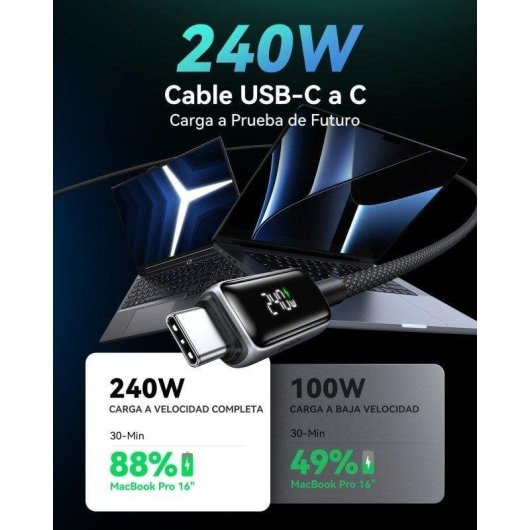 Cable USB-C INIU Leopard 240W 2m Negro con pantalla digital