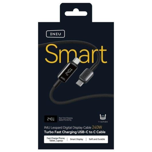 Cable USB-C INIU Leopard 240W 2m Negro con pantalla digital