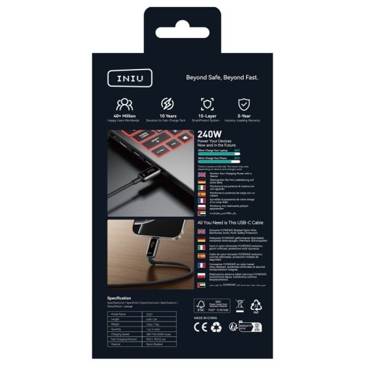 Cabo USB-C INIU Leopard Display 2m 240W Preto Trançado