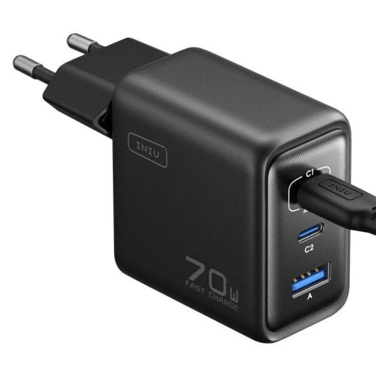Cargador de pared INIU Leopard 70W compacto GaN 2x USB-C 1x USB-A negro