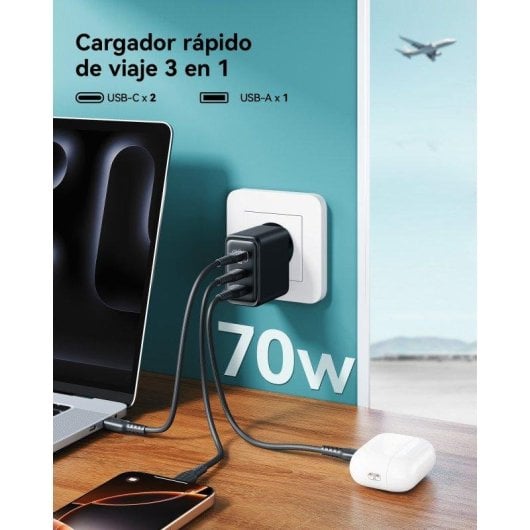 Cargador de pared INIU Leopard 70W compacto GaN 2x USB-C 1x USB-A negro