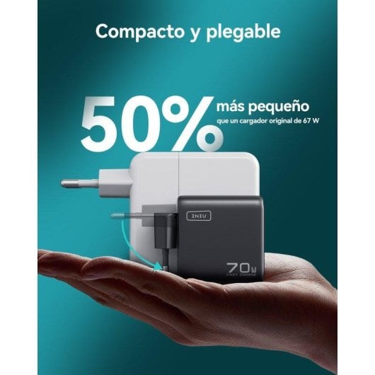 Cargador de pared INIU Leopard 70W compacto GaN 2x USB-C 1x USB-A negro