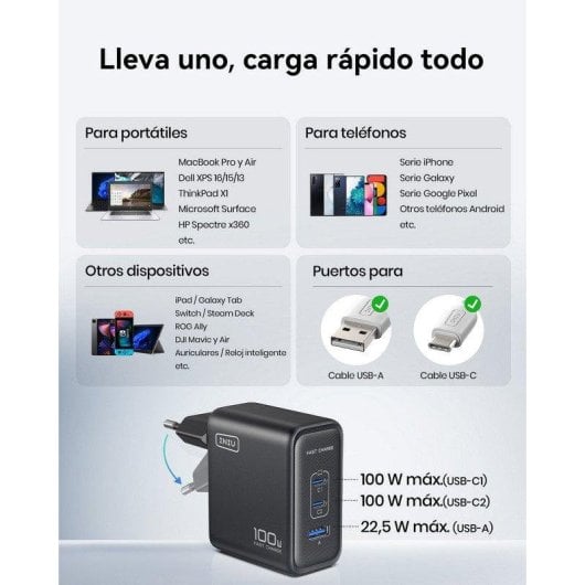Cargador de pared INIU Leopard 100W ultra compacto 3 puertos GaN enchufe plegable