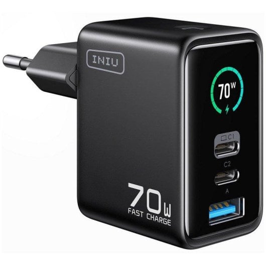 Carregador de parede INIU Leopard 70W Display TFT 2x USB-C 1x USB-A Preto