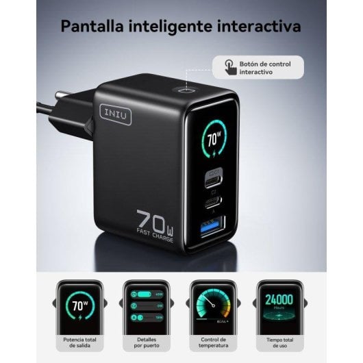 Carregador de parede INIU Leopard 70W Display TFT 2x USB-C 1x USB-A Preto