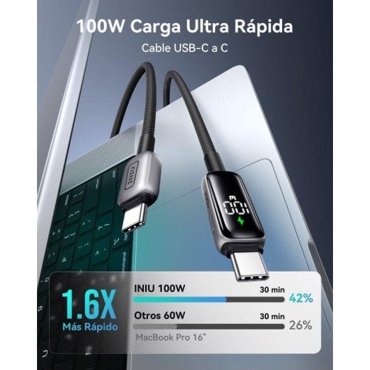 Cabo USB-C INIU Leopard 2M 100W Display Trançado Preto