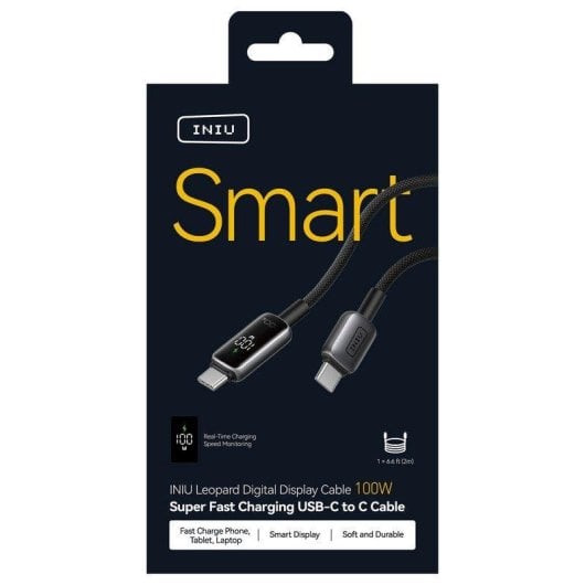 Cabo USB-C INIU Leopard 2M 100W Display Trançado Preto