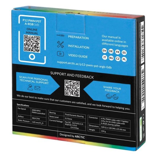 Refroidissement Air Arctic 120 mm P12 PWM PST A-RGB 0dB LED A-RGB Ultra-Silencieux