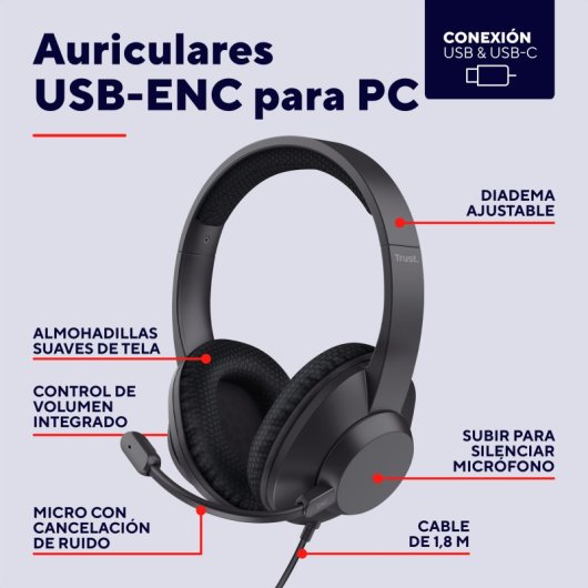 Auricolari Trust Ayda Max con cavo USB-C/USB-A con Cancellazione Rumore Nero