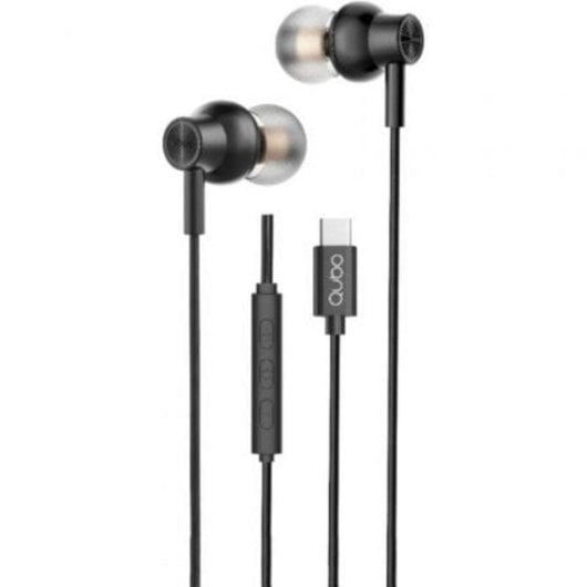 Auriculares Qubo AU-300C com fio USB-C para trabalho e chamadas, microfone e controlo de volume pretos