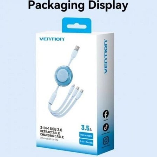 Cavo USB Retrattile Vention TRJBBE 3-in-1 1,1 m 17,5 W Nero