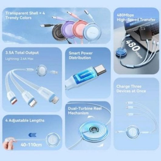 Cable USB retráctil Vention TRJBBE 3 en 1 1,1 m 17,5 W Negro