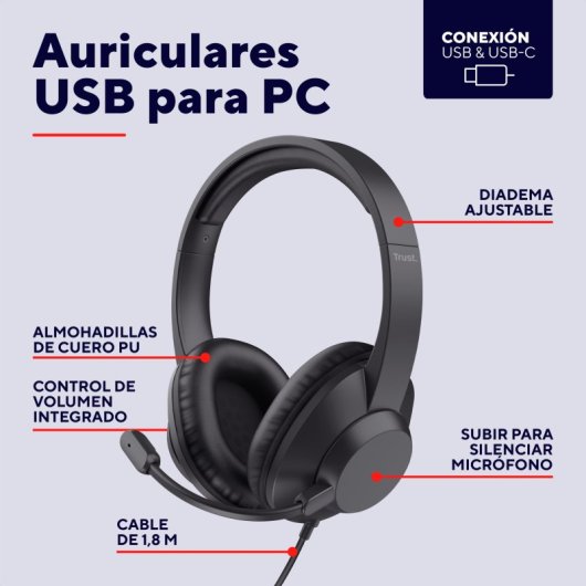 Auriculares Trust Ayda Max USB com fio USB-C/A para escritório com microfone preto