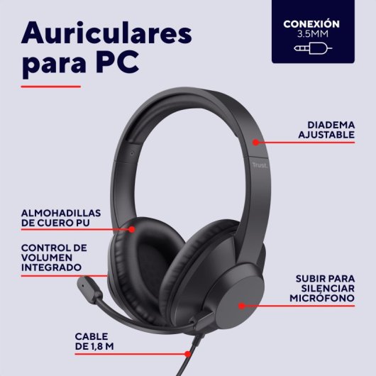 Auriculares Trust Ayda Max con cable Jack 3.5 para oficina con micrófono y diadema ajustable, negros