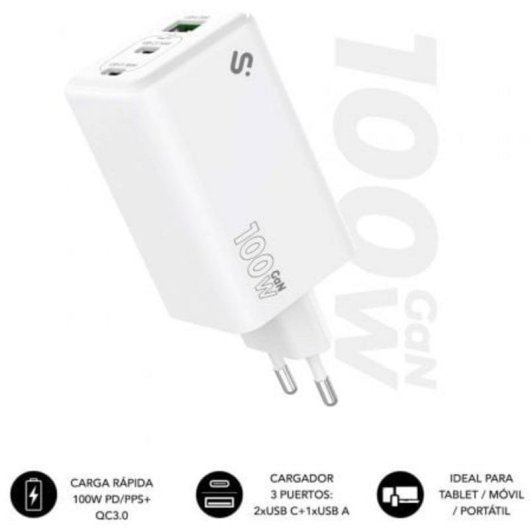 Ladegerät Subblim SUBCHG-6G1003 GaN 100W USB-C+C+A Kompakt Universal Weiß
