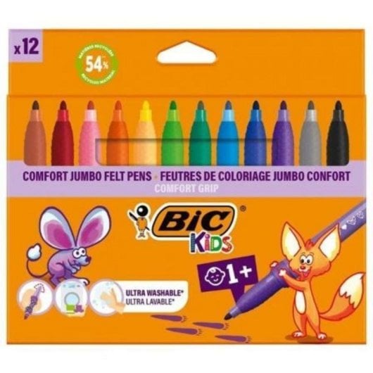 Feutre Bic 517250 Kids Comfort Grip 12 couleurs grip triangulaire lavable
