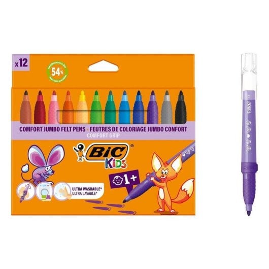 Feutre Bic Kids Comfort Grip Jumbo 12 couleurs pointe large ultra-lavable