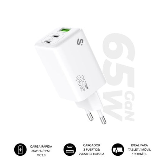 Chargeur GaN Subblim 65W USB-C x2 USB-A Compact Protection Universelle