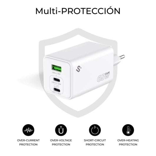 Chargeur GaN Subblim 65W USB-C x2 USB-A Compact Protection Universelle