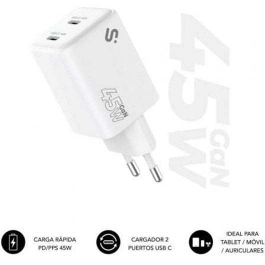 Cargador Subblim GaN 45W doble USB-C carga rápida compacto universal