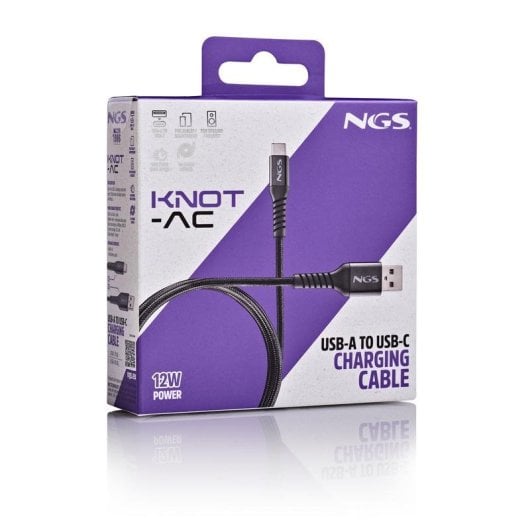 Cable USB NGS KNOT-AC USB-A a USB-C 1m carga rápida nylon trenzado negro
