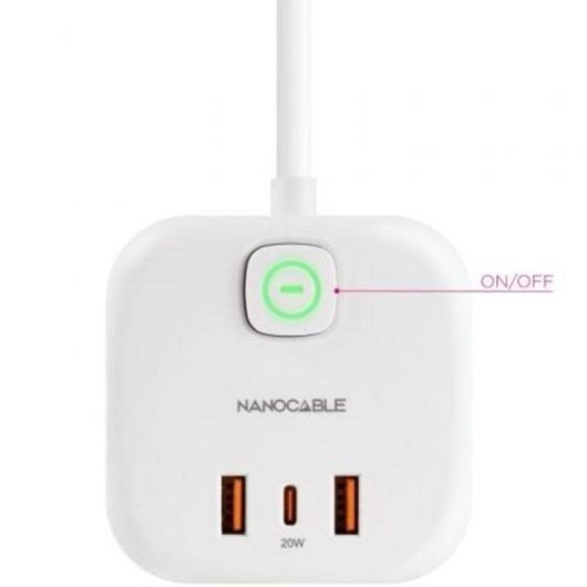 Régua de tomadas Nanocable 10.37.0011 3 Tomadas Schuko 3 USB-A USB-C GaN PPS Interruptor Branco